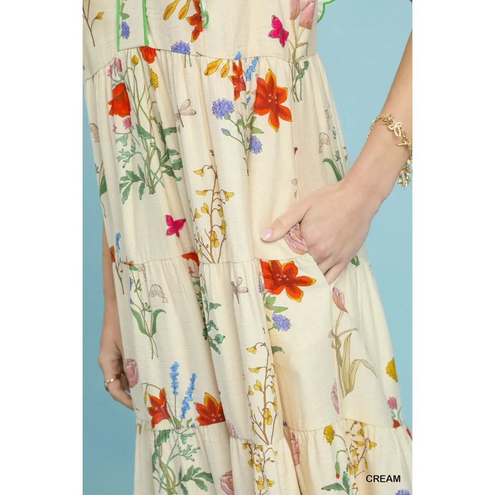 Umgee Floral Ruffle Tiered Midi Dress with Scalloped Detail - Medium - Picture 6 of 7